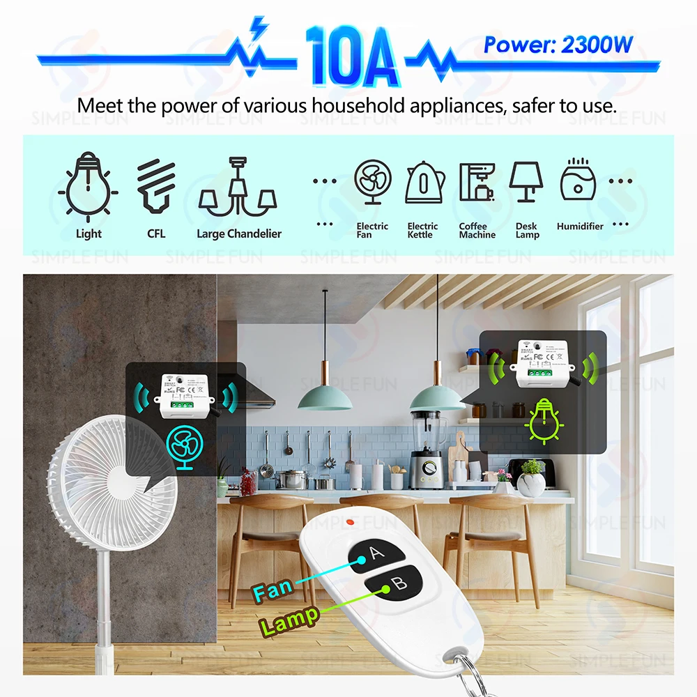 433MHz 110V 220V Wireless Remote Control Light Switch,10A Mini RF Relay Module,50 Meters Transmitter,For Led Lamp Fan ON/OFF