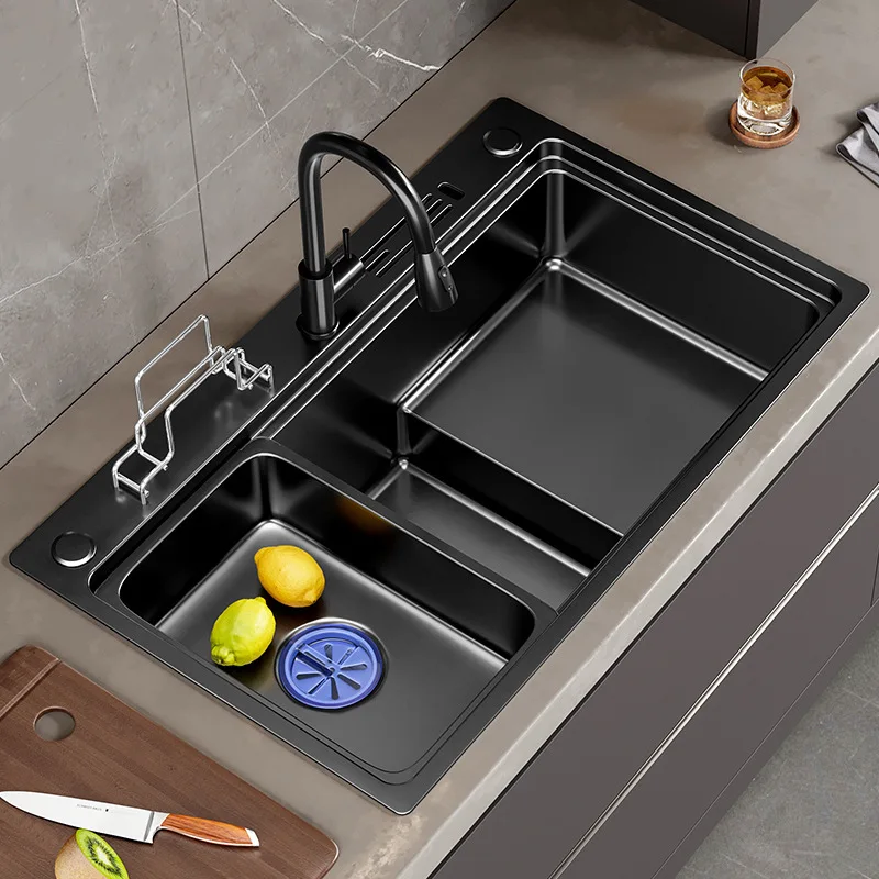 

Kitchen Nano Black Handmade Staircase Sink Set 304 Stainless Steel Vegetable Wash Basin Large Single Slot Undercounter