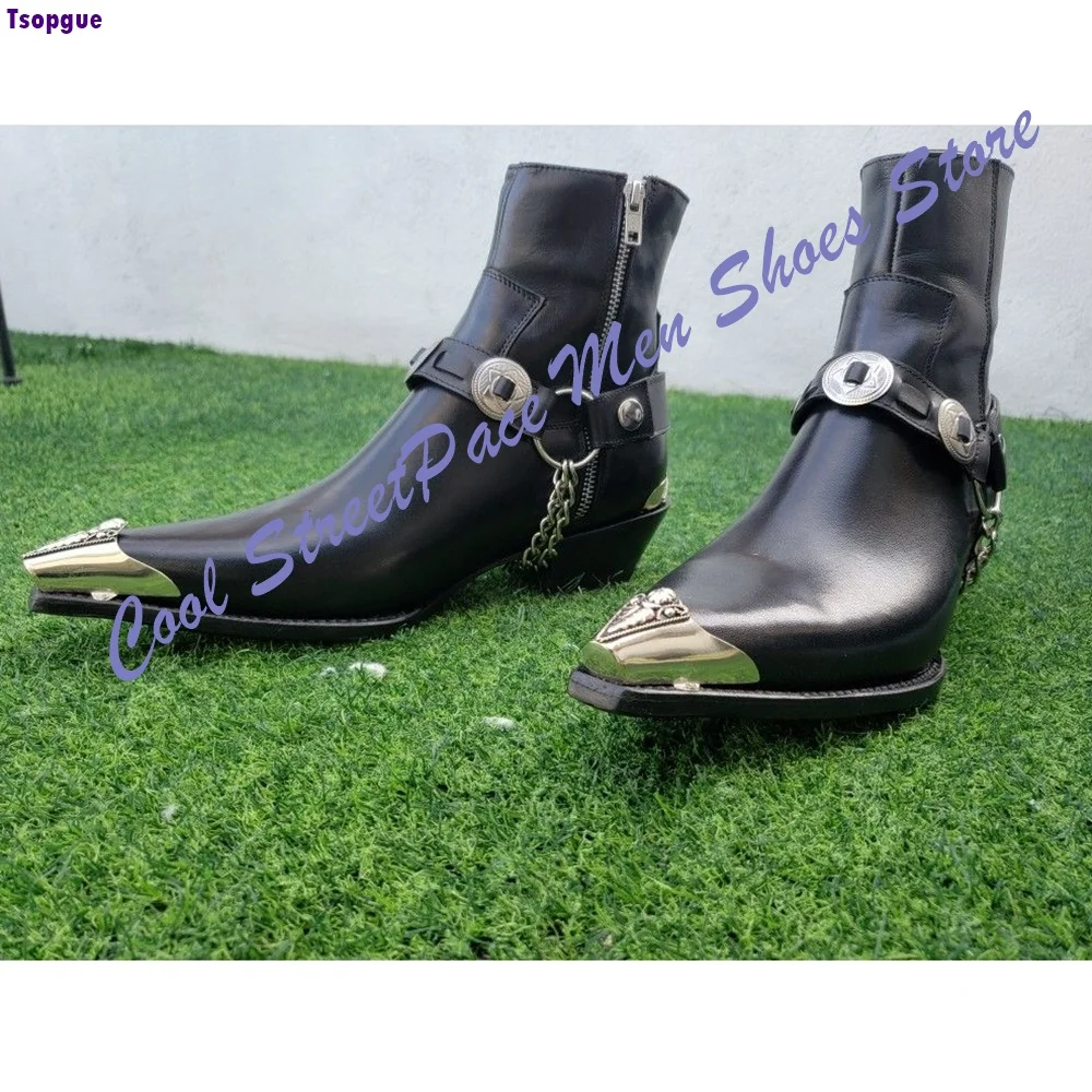 Vintage Punk Metal Tip Western Boots Men Rivet Belt Chain Decor Zipper Mid Ankle Boots High Block Heel Party Street Men Shoes