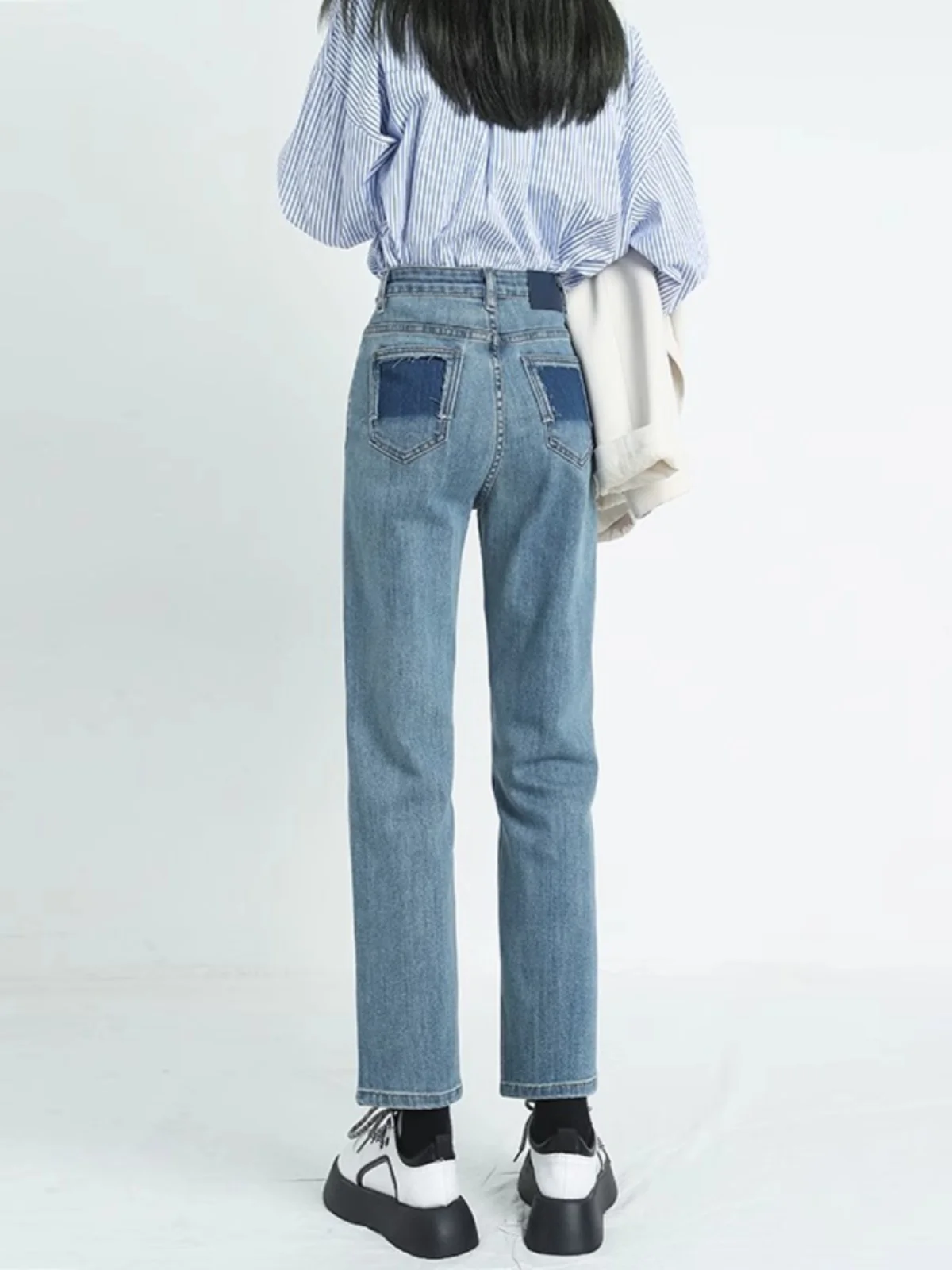 

High Waist Straight Leg Stretchy Denim Jeans Women's Spring Autumn New Style Slimming Small Size Loose Versatile Smoke Tube P...