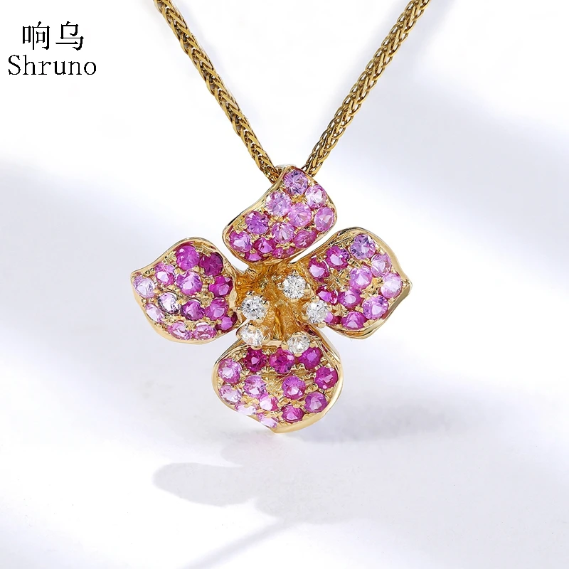 

Shruno Pink Sapphire Diamond Pendant Solid 18k Yellow Gold Natural Diamonds Pendant Women Flower Style Art Deco Fine Jewelry