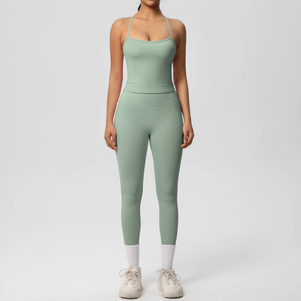 Hochelastisches, sexy, rückenfreies Yoga-Oberteil und -Hose, stoßdämpfendes Lauf-Yoga-Tanktop, einfarbige, schnell trocknende Yoga-Leggings – Detail 13