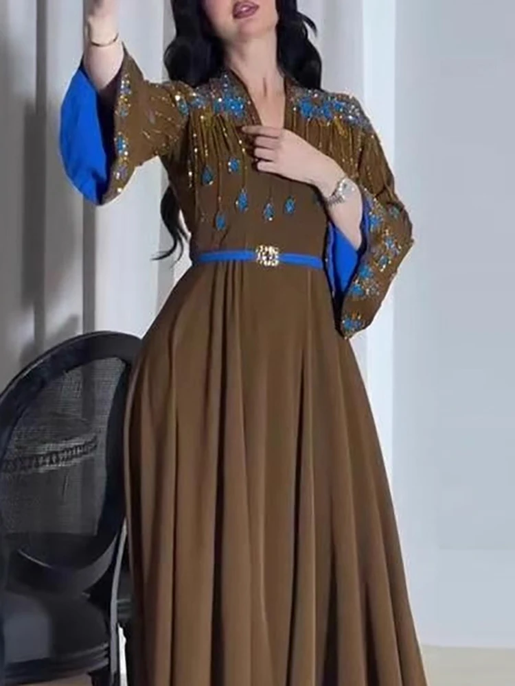 Sukienka szlafrokowa z nadrukiem kwiatów z diamentami, seksowna sukienka damska z dekoltem w serek, wysokim stanem, na bankiet, nowa moda, długi rękaw, dopasowana sukienka na wakacje.