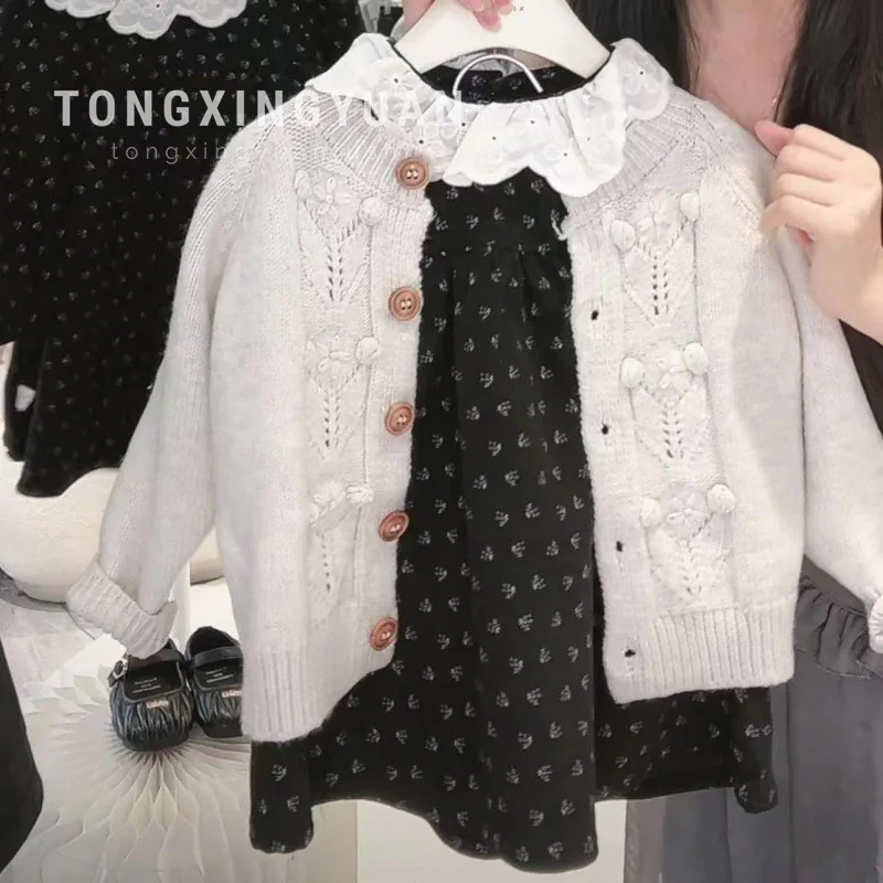 

Girls Autumn New Style Set Retro Princess Style Knitted Cardigan Floral Dress Spring and Autumn Two-piece Set