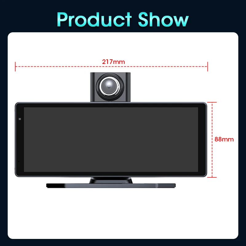 كاميرا لوحة القيادة 8.1 بوصة مع كاميرا خلفية، CarPlay وAndroid Auto، ملاحة GPS، مسجل فيديو للسيارات، مسجل فيديو ثنائي العدسة، FM، ومرآة مراقبة.