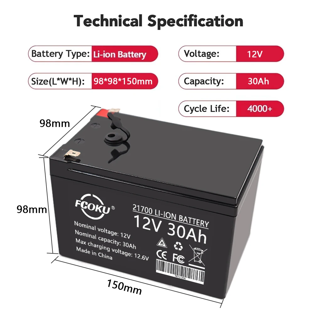 21700 12V 30Ah Lithium Ion Battery With BMS For Equipment Kids Toy Car, Surveillance Camera/LED Light Backup Power