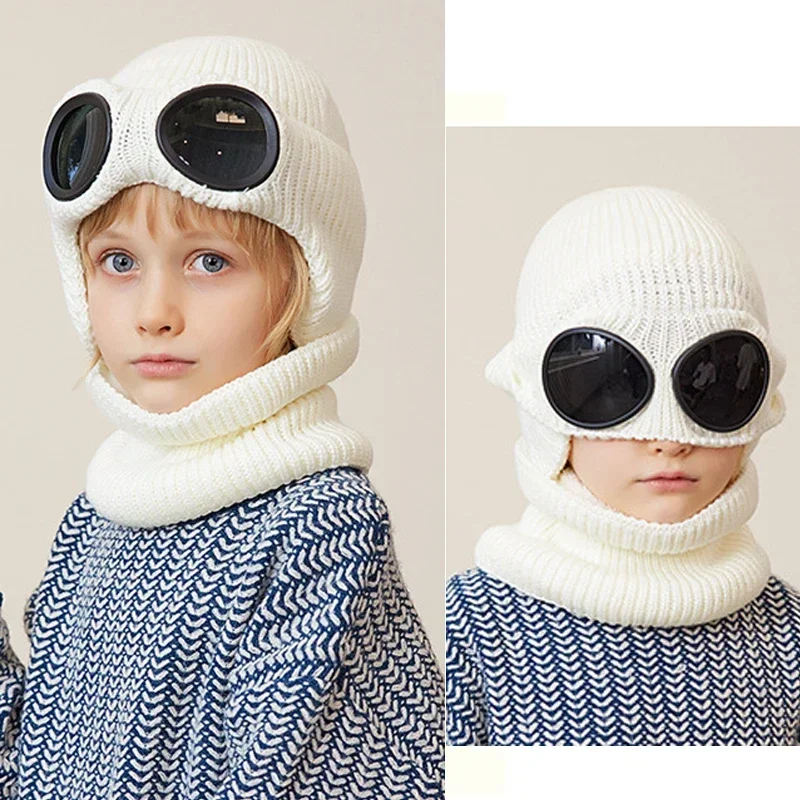 2pcs Children Winter Beanies Hats Snood Set Knit Thick  Fleece Lined Winter Hats Boys Short Scarf Glass Goggles Outdoor