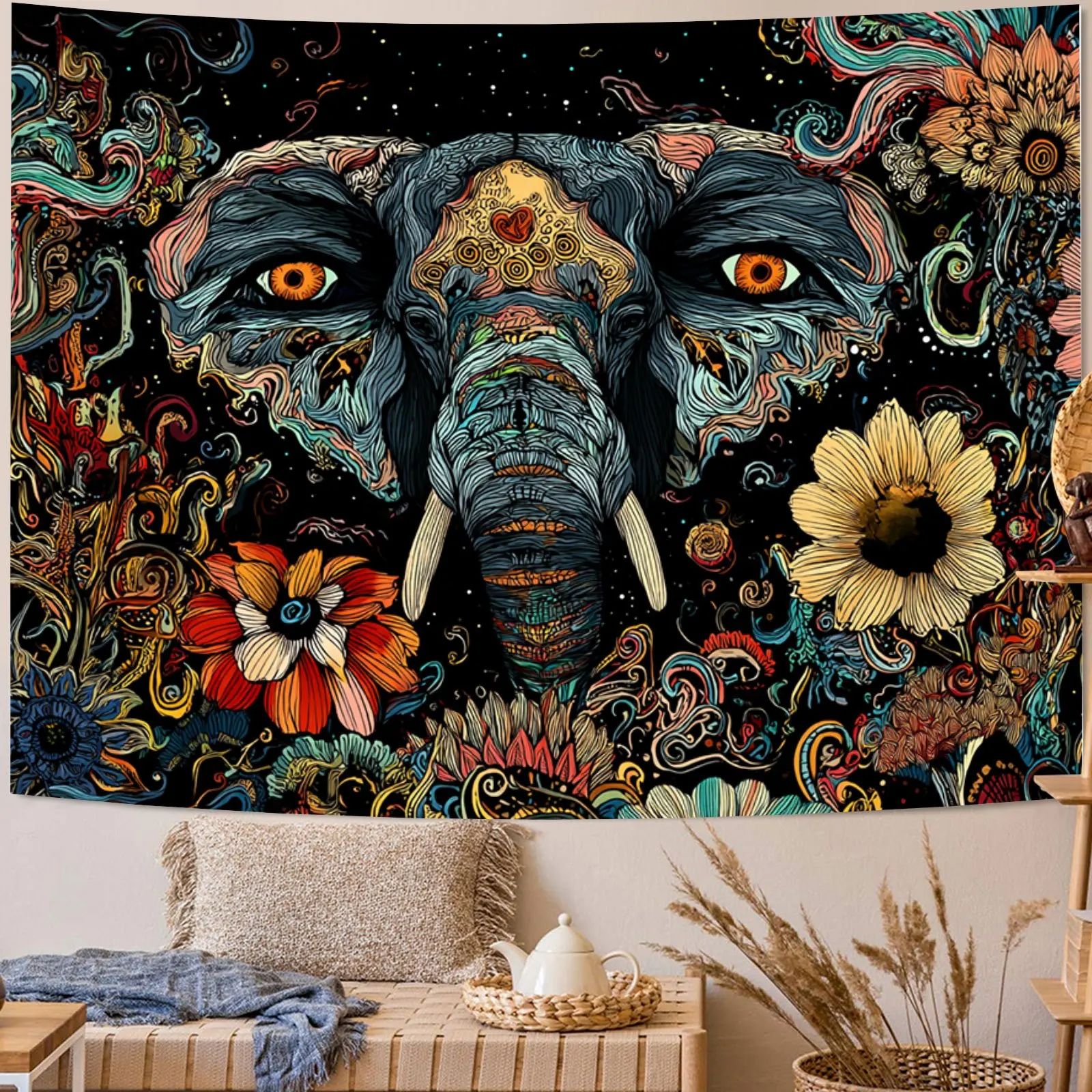 Colorful mysterious elephant head Digital printing polyester wall hanging tapestry decorative Living room Office background gift
