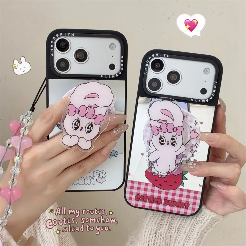 Kawaii Cartoon Esther Rabbit Mirror Phone Case for iPhone 16 Pro Max 13 14 15 plus 17 Pro Max Cover With Magsafe 3D Stand Chain