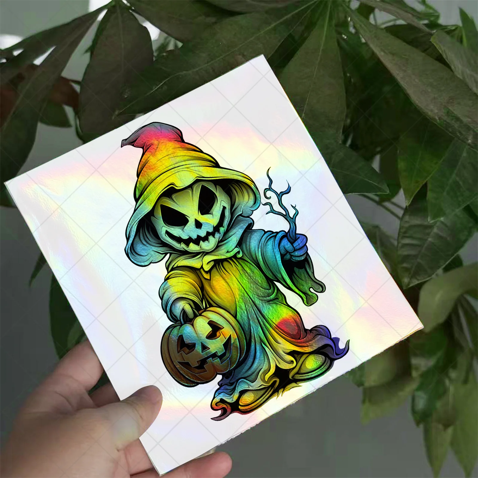 1Pc 2D Flat Holographic Halloween Pumpkin Wizard Vinyl Sticker, Removable Decal for Car Motorcycle Scooter