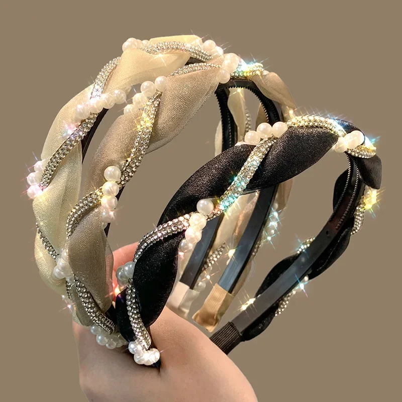 Double Pearl Rhinestone Headband Lace Braided Hairband Hair Hoop Korean Crystal Headbands for Women Girl Hair Accessories