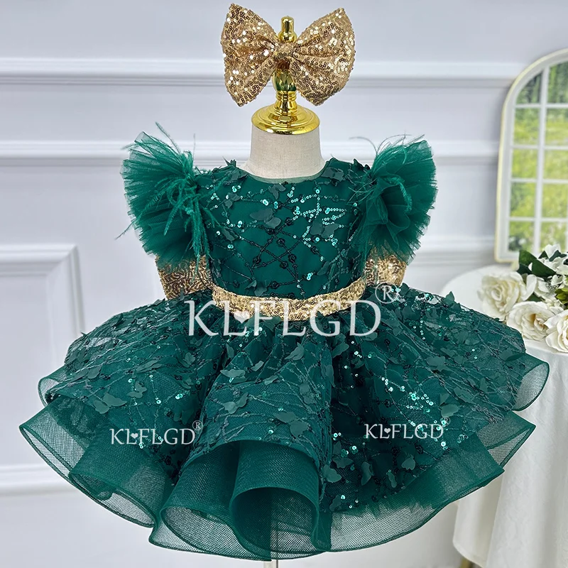2025 new luxury sequined Christmas dress pageant dresses for toddler girls green big butterfly girl Christmas show skirt