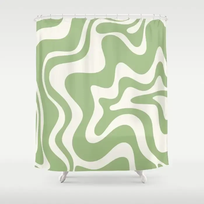 Retro Liquid Swirl Abstract Pattern in Light Sage Green and Cream Shower Curtain Frabic Waterproof Polyester Bathroom Curtains