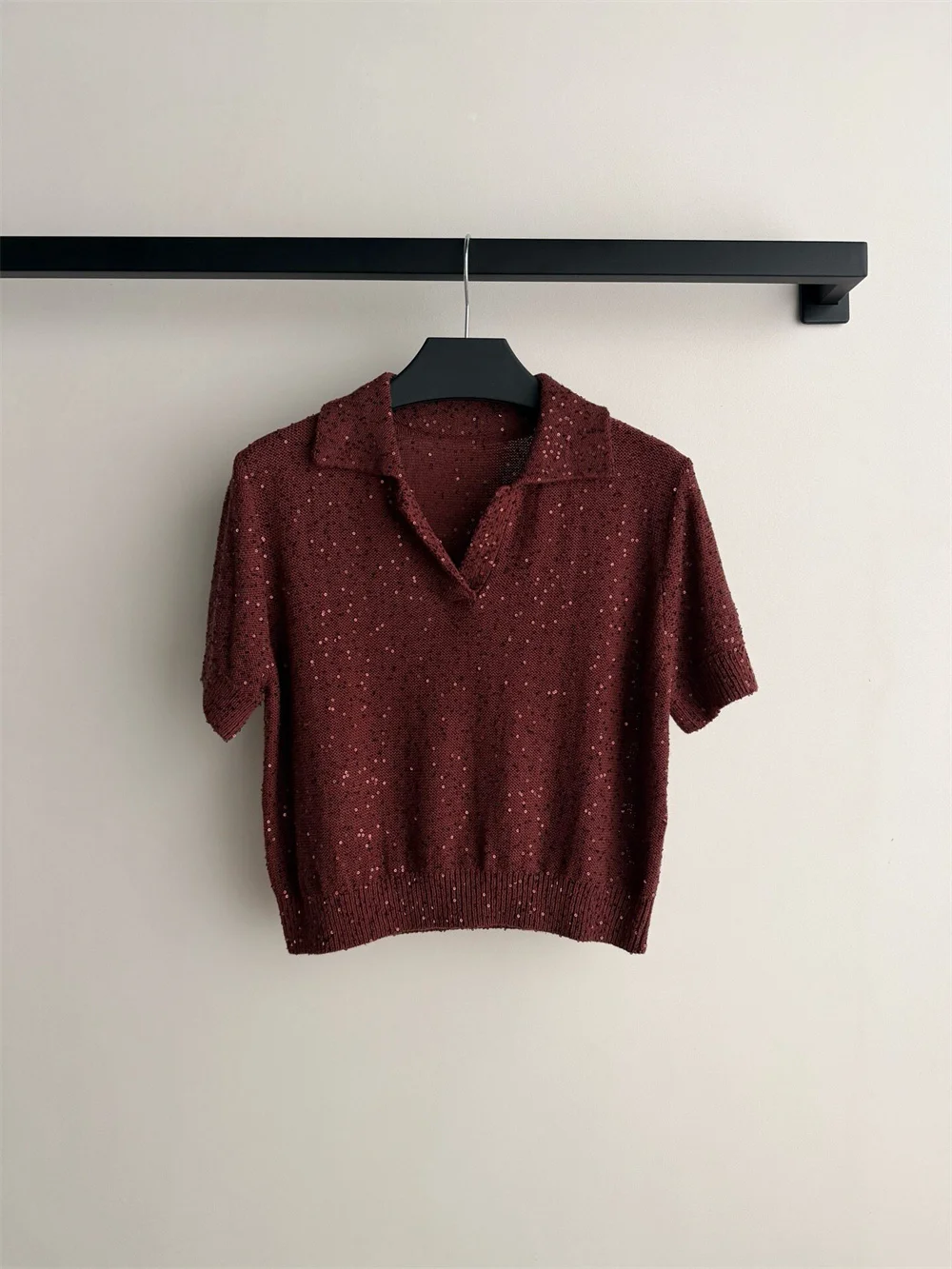 Women's Matching Two-Piece Sets Sequined Polo Collar Loose-Fitting Short Knit Top Paired with Skirt Suit