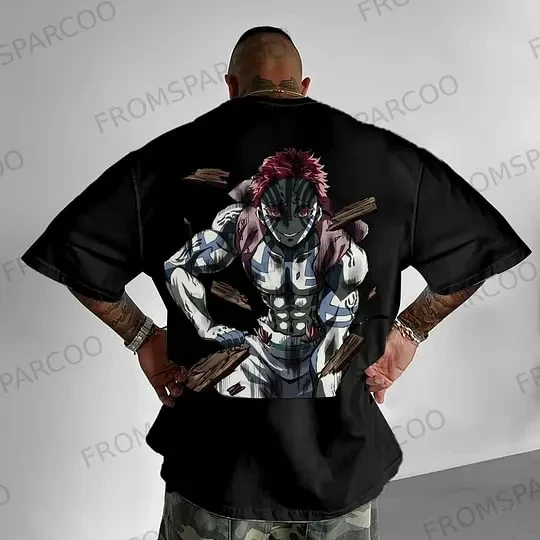Demon Slayer T Shirt Black Cotton Short Sleeve Tops Uzui Tengen Back Print Pink Hair White Skin Design for Men 2025 Summer