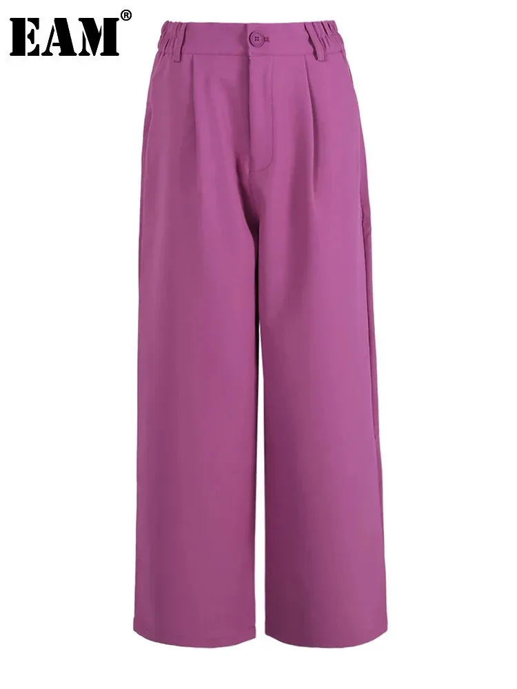 [EAM] High Elastic Waist Purple Red Pleated Pocket Long Wide Leg Pants New Trousers Women Fashion Spring Autumn 2024 CPG1160