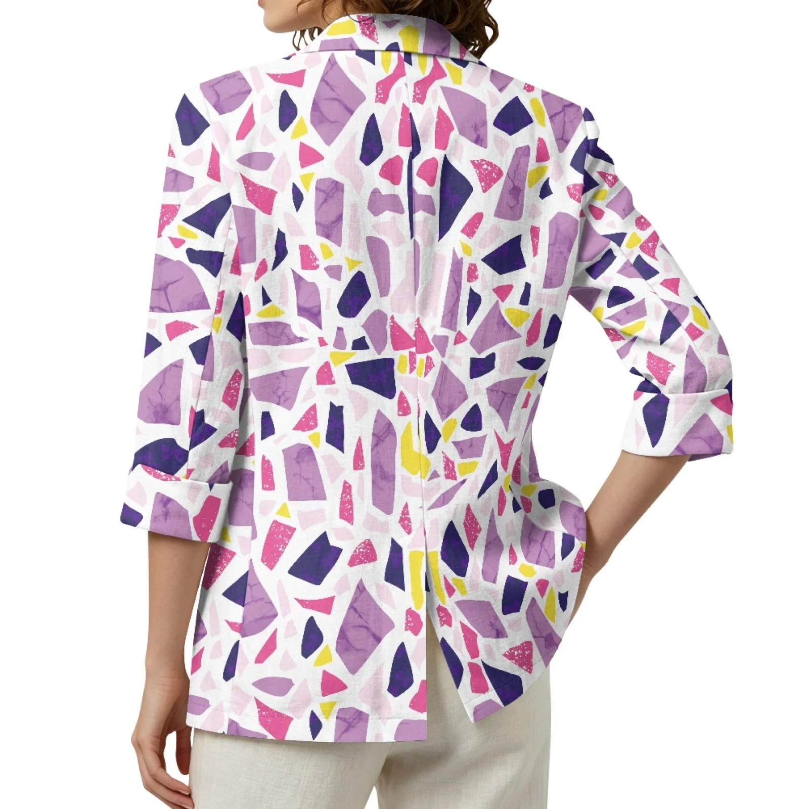 PENSTROLL Colorful Geometric Patchwork Linen Like Cardigans Lightweight Business Jacket for Vacation Sizes S-3XL