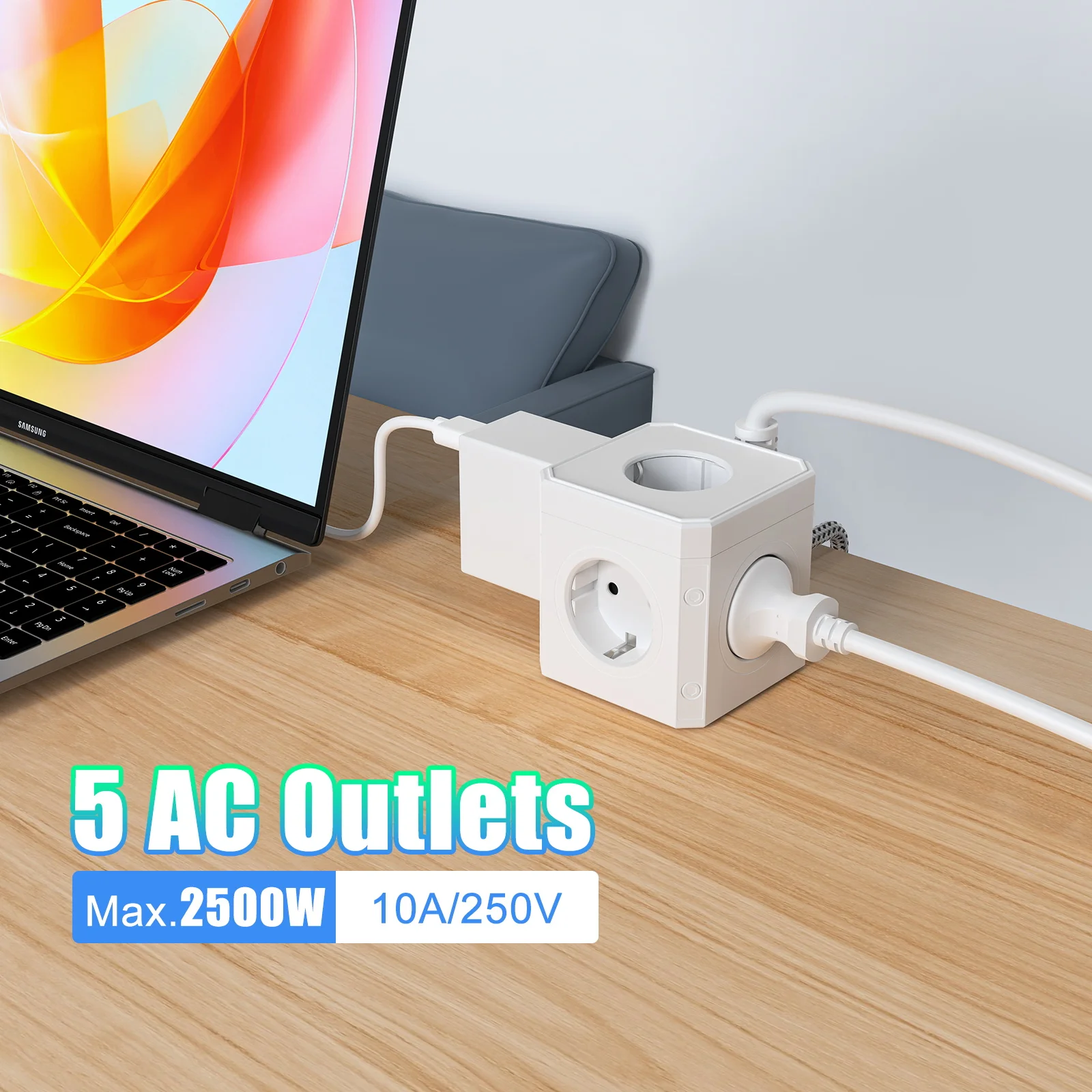 EU multi-plug power strip 5 AC power sockets 3m braided cord with pull tab flat plug adapter suitable for home office travel