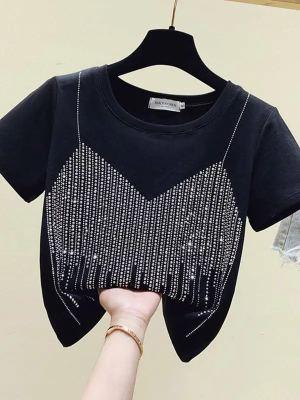 تي شيرت نسائي قصير الأكمام من القطن الخالص بتصميم ضيق ومرصع بأحجار الراين، مناسب للصيف، مقاس صغير، عصري وشبابي.