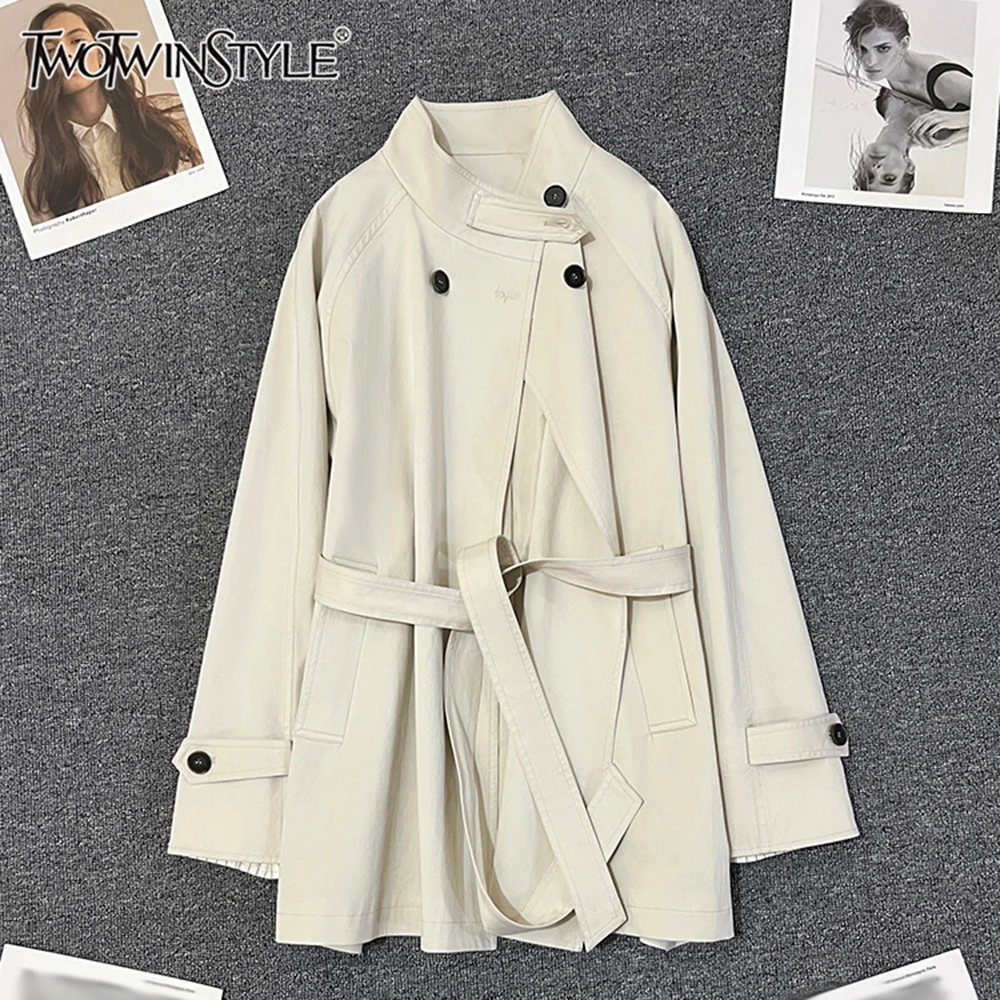 

TWOTWINSTYLE Solid Loose Casual Jackets For Women Lapel Long Sleeve Spliced Belt Temperament Coat Female Fashion New KJA547161