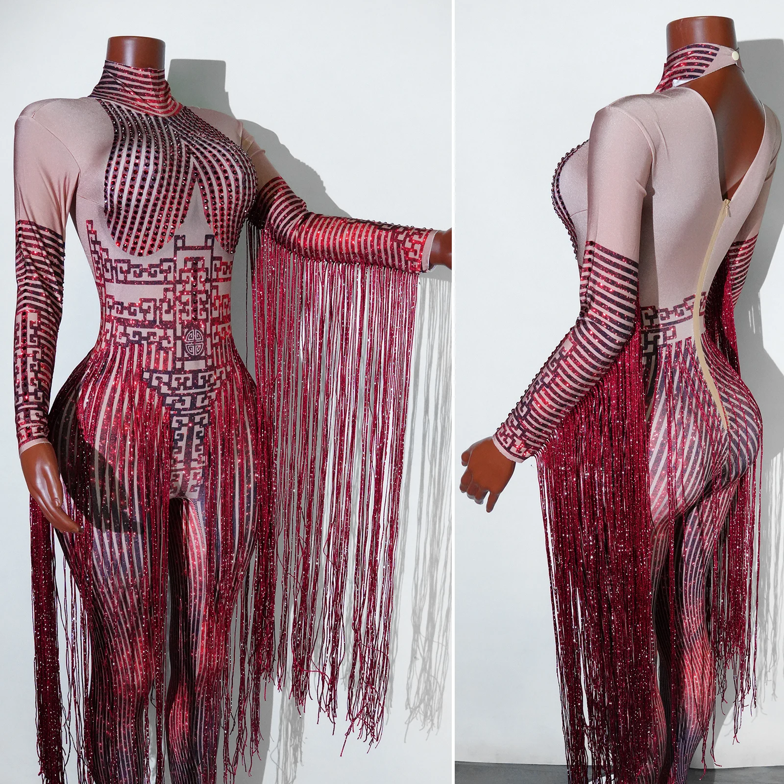 

Red Griffin Mask Bar and Club Show Costume Rhinestone Headdress DS Performance Clothes Sexy Exaggerated Headdress Female Jmpsuit