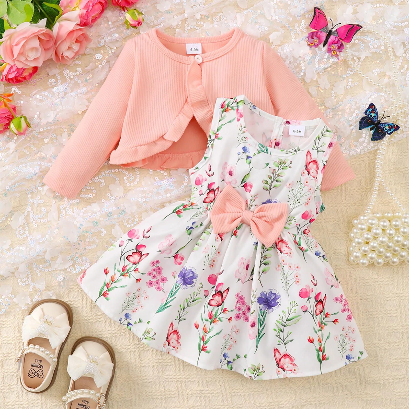 0-3 Years Toddler Baby Girl 2PCS Dress Set Plain Color Ribbed Overcoat+Floral Sleeveless Dress Fashion Lovely Style Party Wear