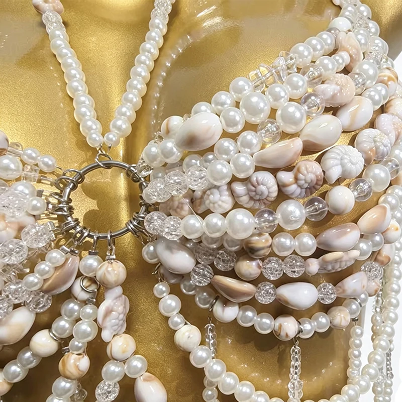 Handmade Festival Bra Top Mermaid Bridal Chest Statement Blue Gemston Crystal Body Chain White Shell Pearl Beaded Bralette - view 6