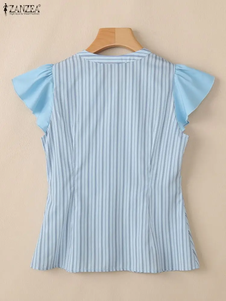 ZANZEA Elegante Shirts Büro Frauen Bluse Sommer Kurze Rüschen Ärmel Blusas Stilvolle V-ausschnitt Streifen Tunika Tops Weibliche Chemise