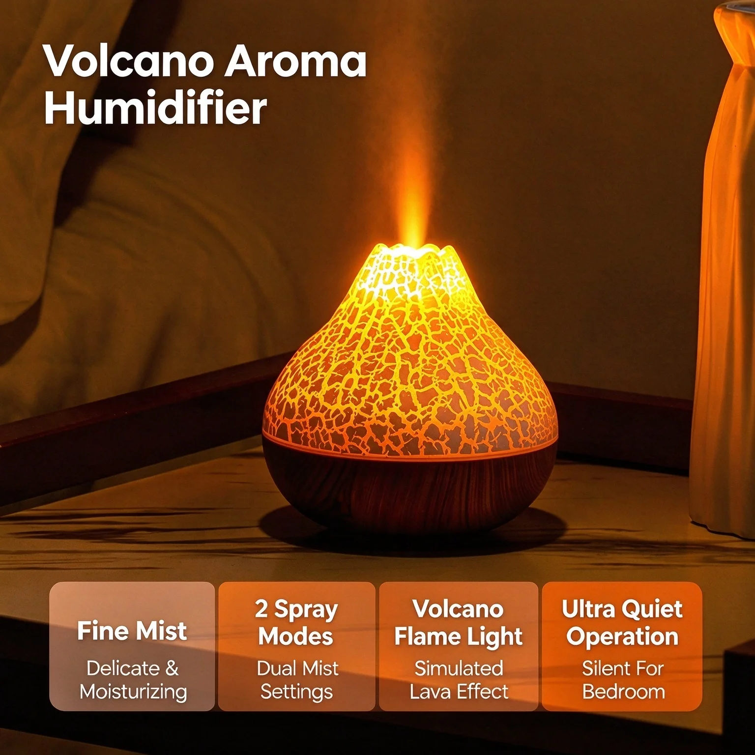 Volcano Flame Aroma Diffuser USB Air Humidifier 2 Mist Modes Ultra Quiet LED Lava Light Desktop Fragrance Machine for Bedroom