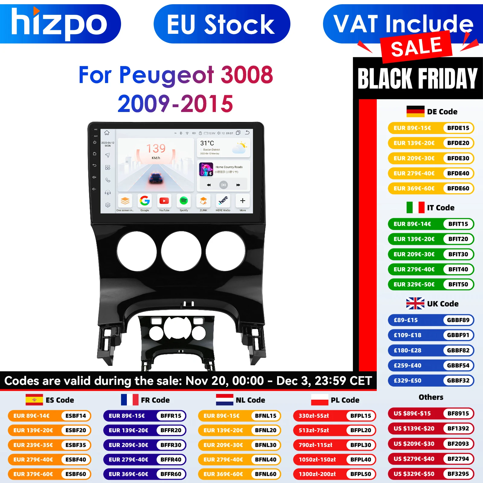 Autoradio Hizpo para Peugeot 3008 2009 - 2015 reproductor Multimedia de Audio CarPlay Android Auto GPS Bluetooth WIFI FM RDS Autoradio AI