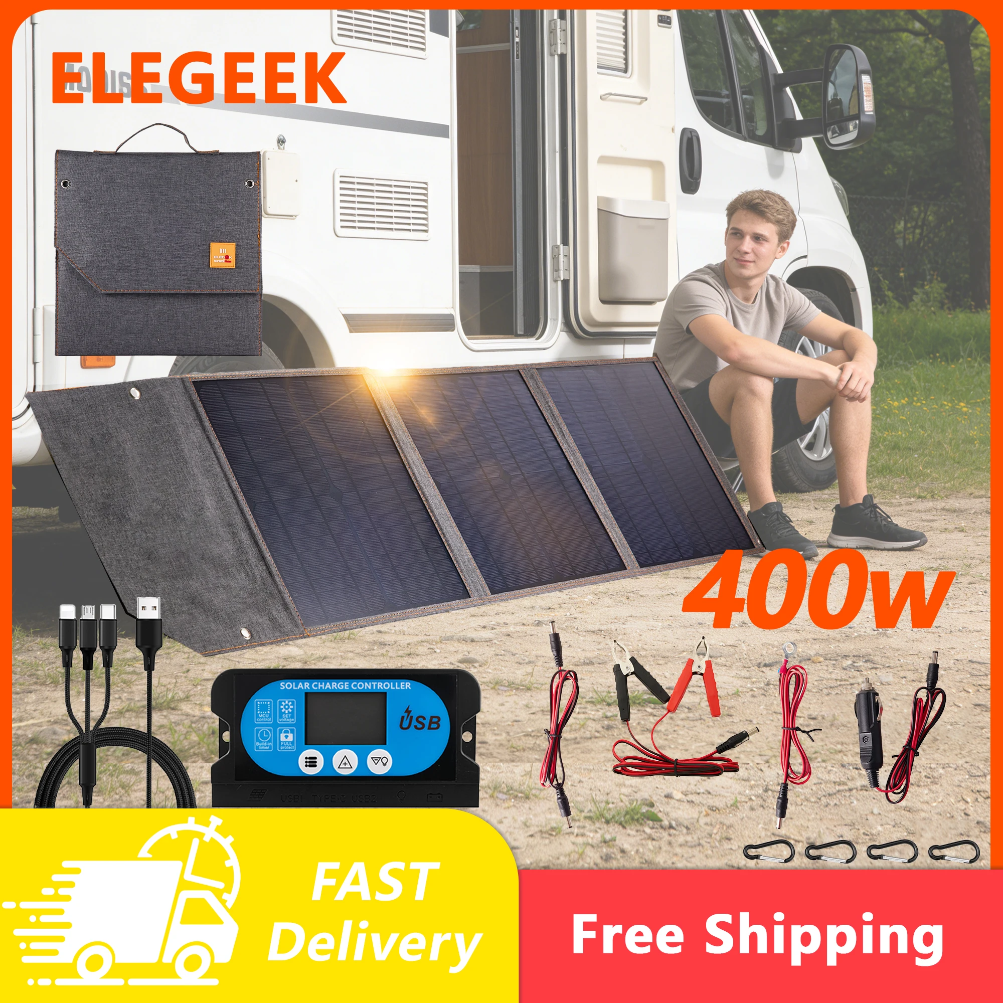 ELEGEEK Foldable Solar Panel 40W 5V, Can Be Used to Charge 5V Devices, 12V Lead-Acid Batteries Car Batteries + Solar Controller