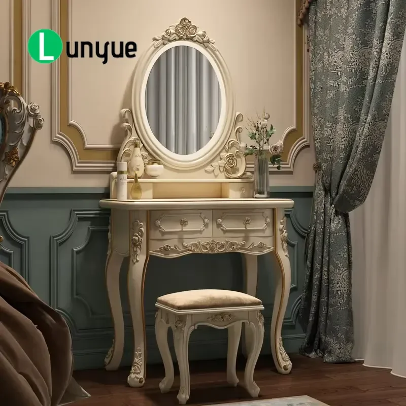 Luxury Classic Hand Carved Solid Wood White Paint Makeup Dresser with Mirror for Bedroom Vanity Table Furniture Storage