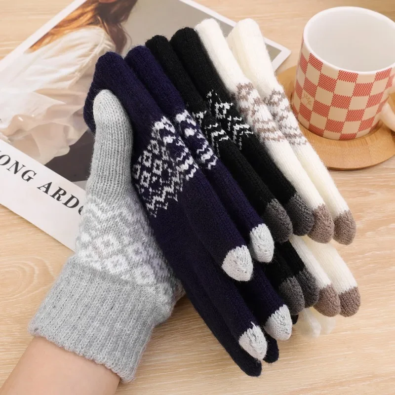 New Women Men Warm Touchscreen Gloves Winter Stretch Knitted Mittens Fashion Jacquard  Full Finger Glove Ski Cycling Mitten