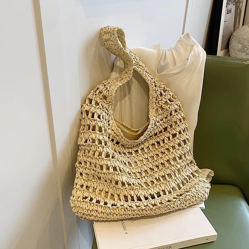 Summer Women Beach Tote Handbags Rattan Crochet Shoulder Bag Casual Commute Bag Vintage Straw Woven Bag