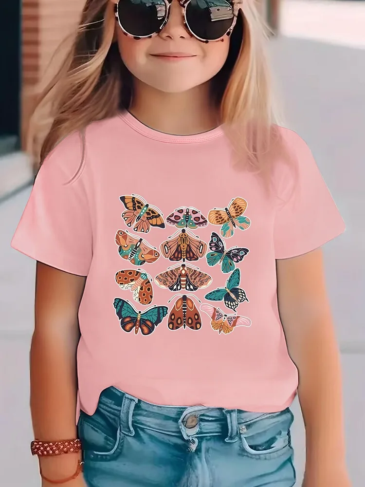 Children's T-shirt with multi-colored butterfly prints, breathable base layer; perfect for summer – sweet design with short slee