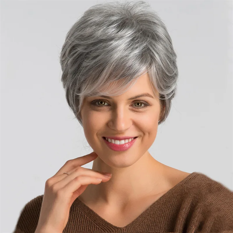 New wig female grandma grey fashion short curly hair synthetic high temperature silk woven head cover