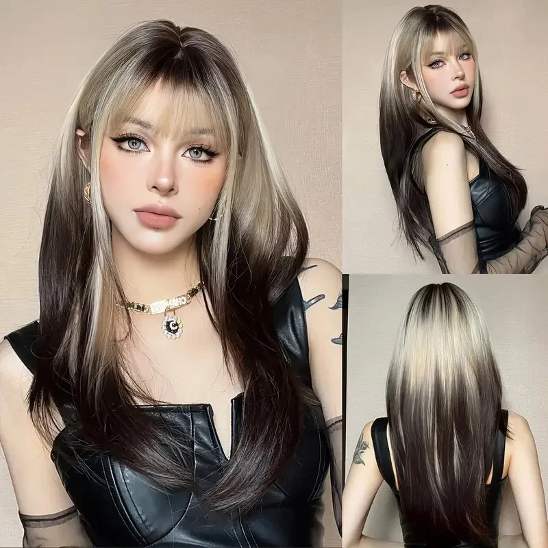 

22 Inch Synthetic Gradient Red Brown Wig with Bangs Graded Straight Hair Women's Stylish Wigs Suitable for Any Occasion
