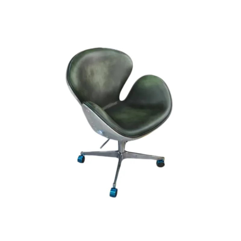 Vintage antique green leather wing back chair, metal aluminum veneer living room bedroom office rotating chair