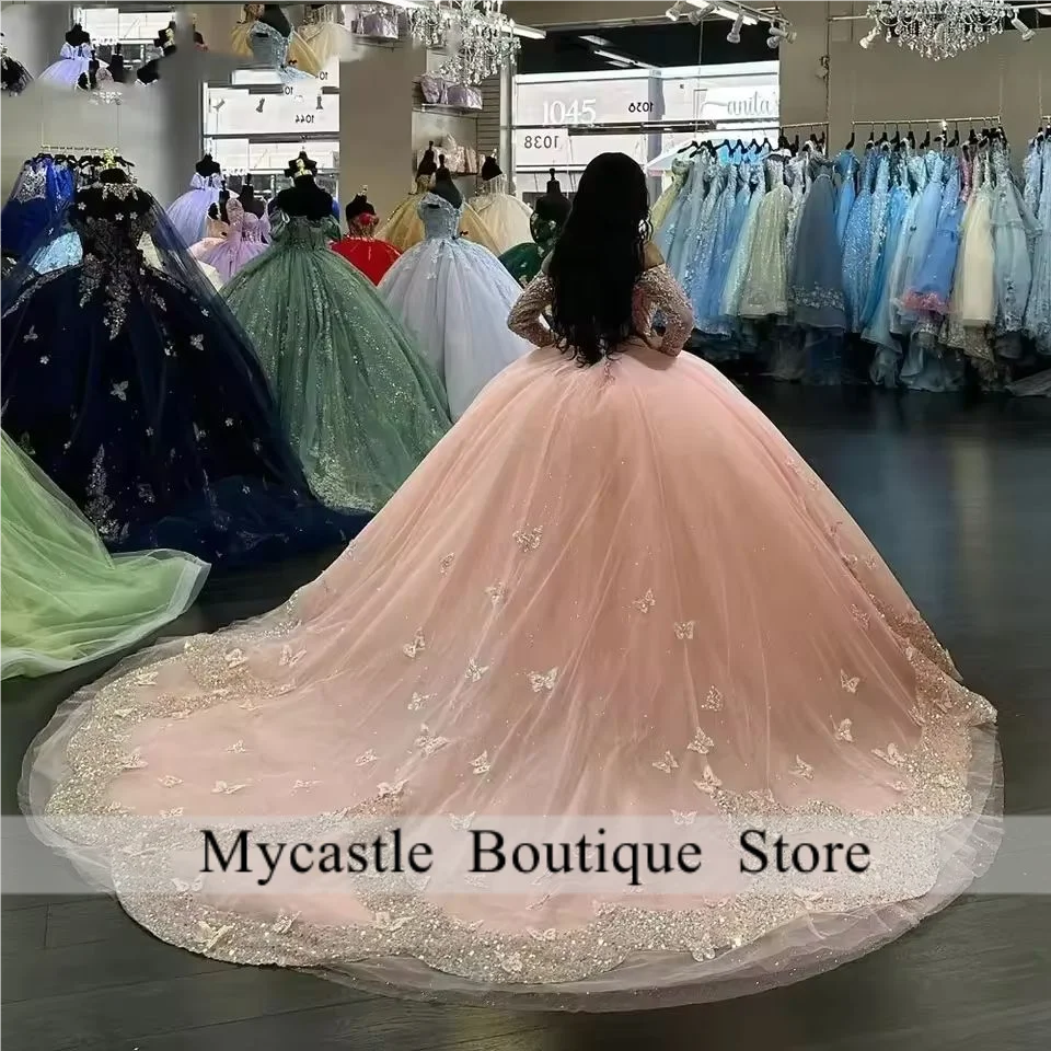 Eleganti abiti Quinceanera rosa 2025 maniche lunghe abito da ballo con perline abito dolce 16 abito da festa di compleanno fiore personalizzato