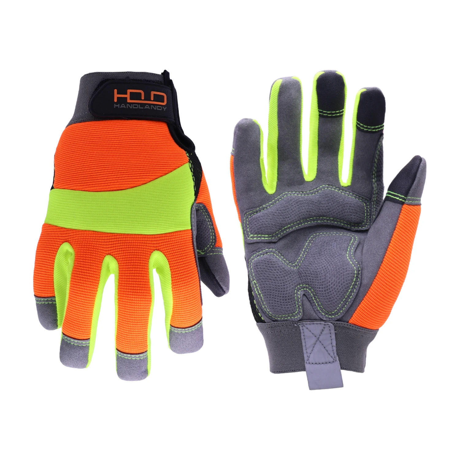 HANDLANDY Hi-vis Reflective Work Gloves, Anti Vibration Safety Gloves, Touch Screen, Orange Flexible Spandex Back