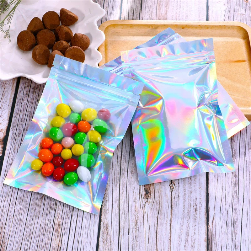 100/10PCS Laser Sealing Bags Plastic Holographic Candy Food Pouch Resealable Necklace Jewelry Gift Packaging Kitchen Storage Bag