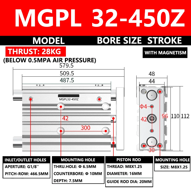 ABILKEEN MGPL Pneumatic Compact Guide Cylinder MGPL32-450Z 32MM Bore X 450MM Stroke Three Axis Three Rod Thin Air Cylinder