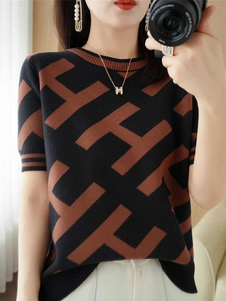 

Женская Летняя трикотажная футболка из 100% хлопка с коротким рукавом Новинка Модный Универсальный облегающий свитер Топ Женская мода SMY D33