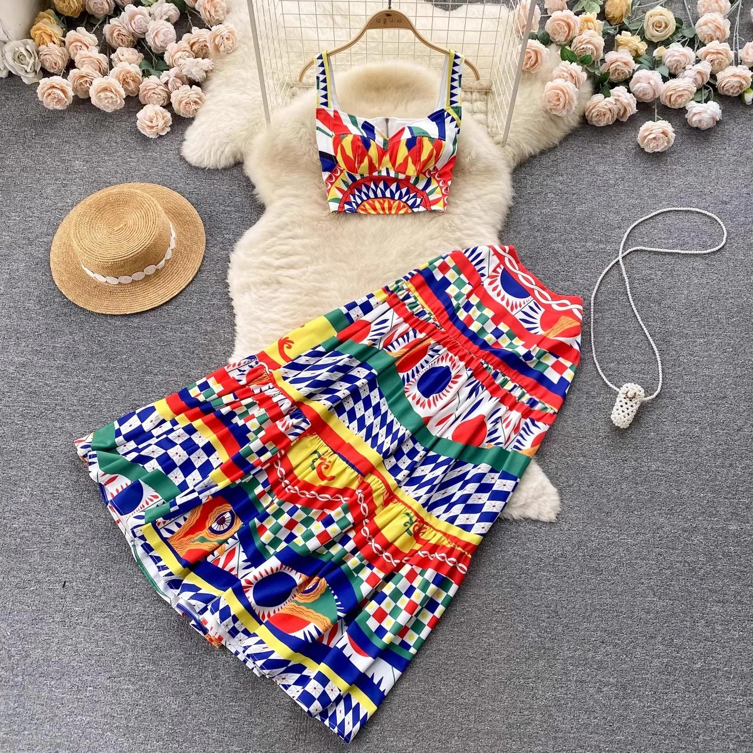 

New Fashion 2 Piece Set Women Bohemian Colorblock Prit Spaghetti Strap Cup Padded Square Collar Short Crop Top+Long Skirts Suits