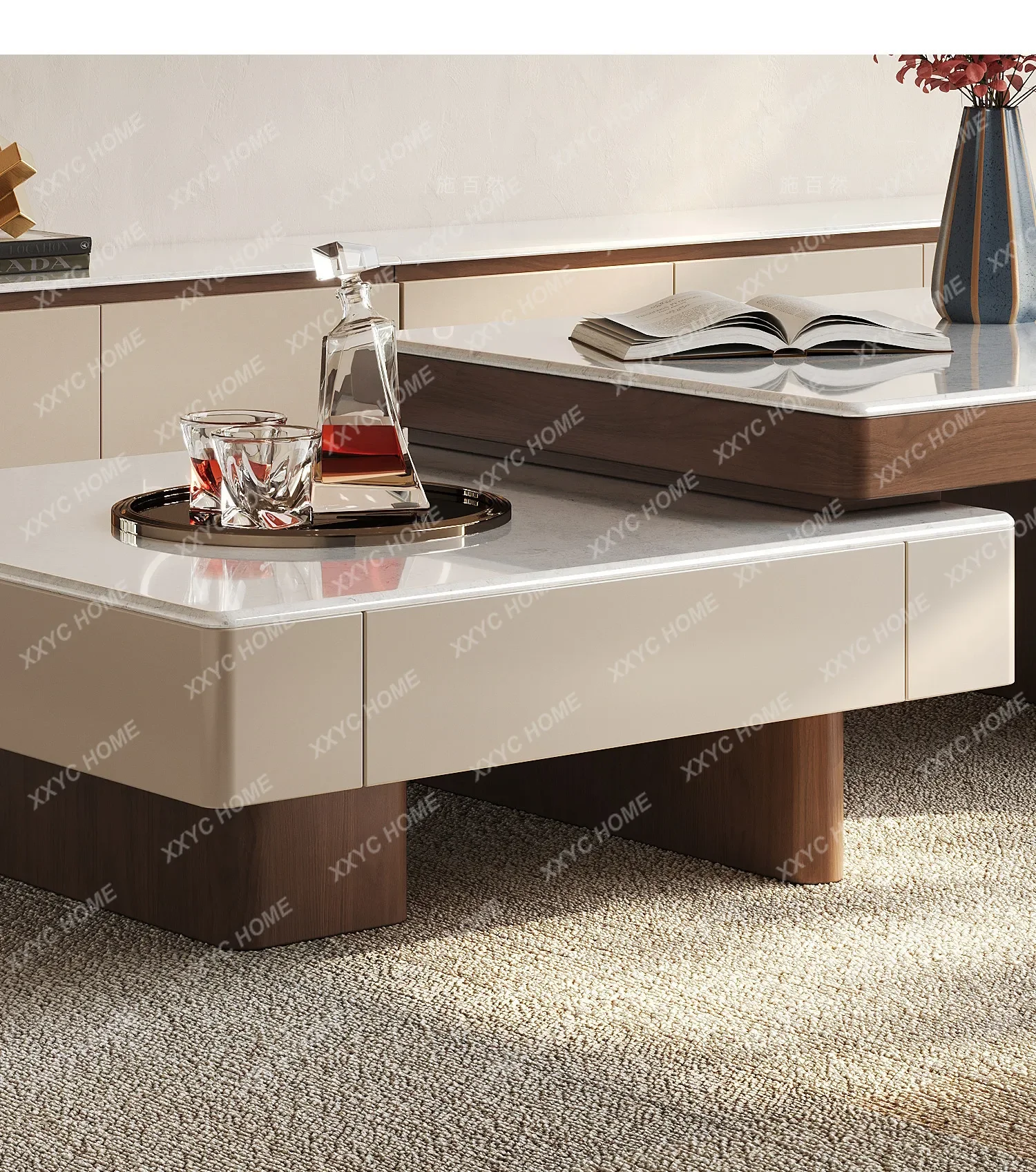 Medieval style living room retractable coffee table marble household modern small apartment