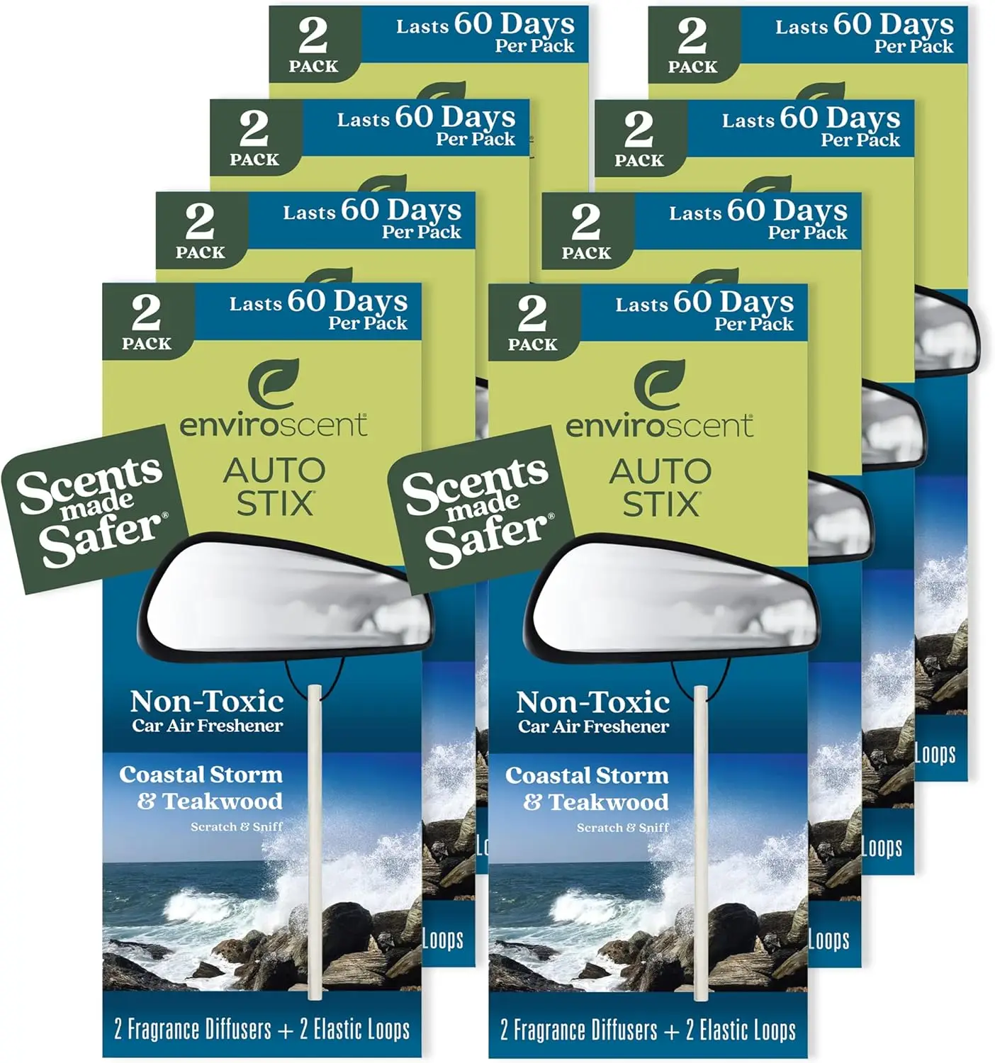

Non-Toxic Car Air Freshener Auto Stix, Lasts Up to 480 Days, Coastal Storm & Teakwood, 8 Pack - Safer for People, Pets & Planet