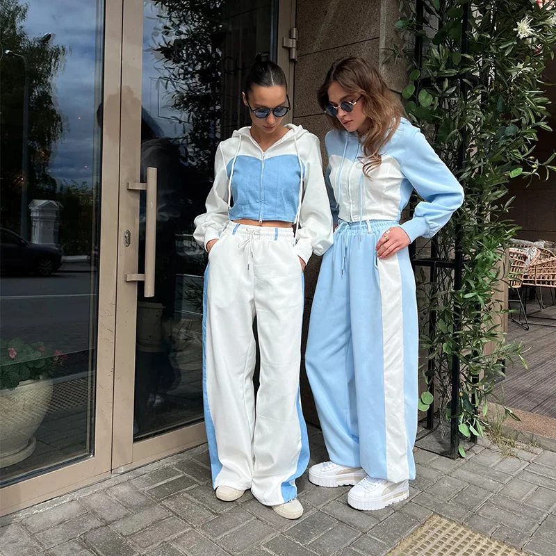 YJKDYK Spring Autumn Women\'s Tracksuit Female Contrast Zipper Jacket + Elastic Waist Pants Trousers Womens 2 Piece Outfit Set