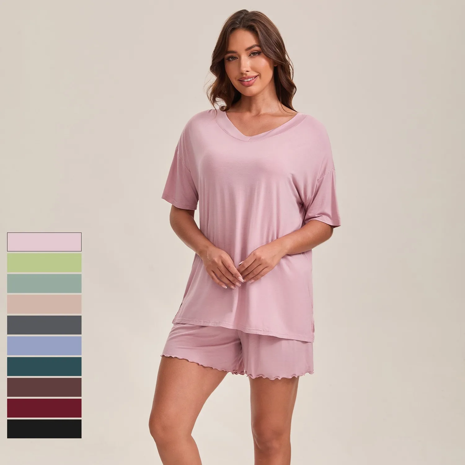 

Женские пижамные комплекты из модала: летний комплект с коротким рукавом, V-образным вырезом, свободные шорты с высокой эластичностью для дома и отдыха