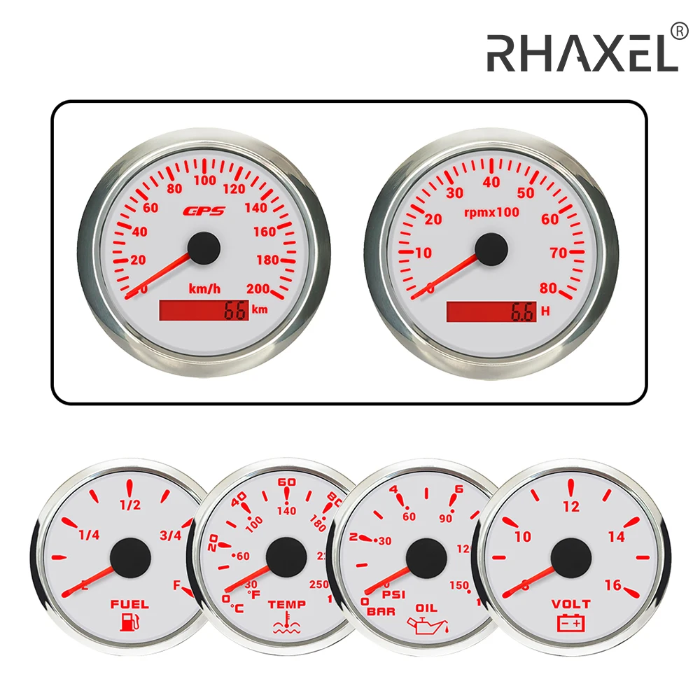 RHAXEL 6 Gauge Set 85mm Speedometer GPS 200KM/H 160MPH Tachometer Fuel Level Water Temp. 0-120℃ Oil Pressure Voltmeter 12V