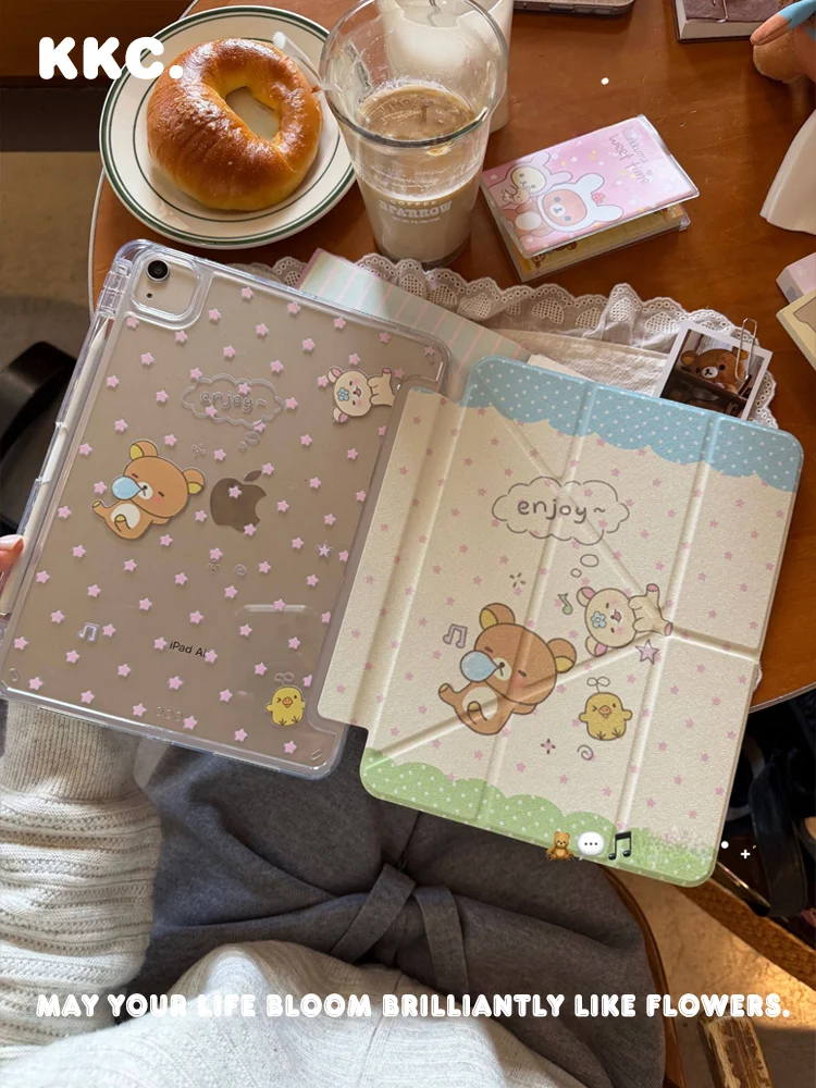 Étui support pliable triple motif ours mignon de dessin animé style INS coréen avec emplacement pour stylet pour Samsung Galaxy Tab A8/A9/A11+FE LITE PLUS/S6 Lite/S7/8/9/10+ FE ﻿
